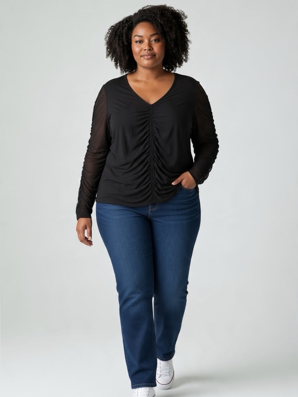 Additionelle Black Ruched VNeck Shirt with Mesh Sheer Sleeves Sz 2X New with Tag